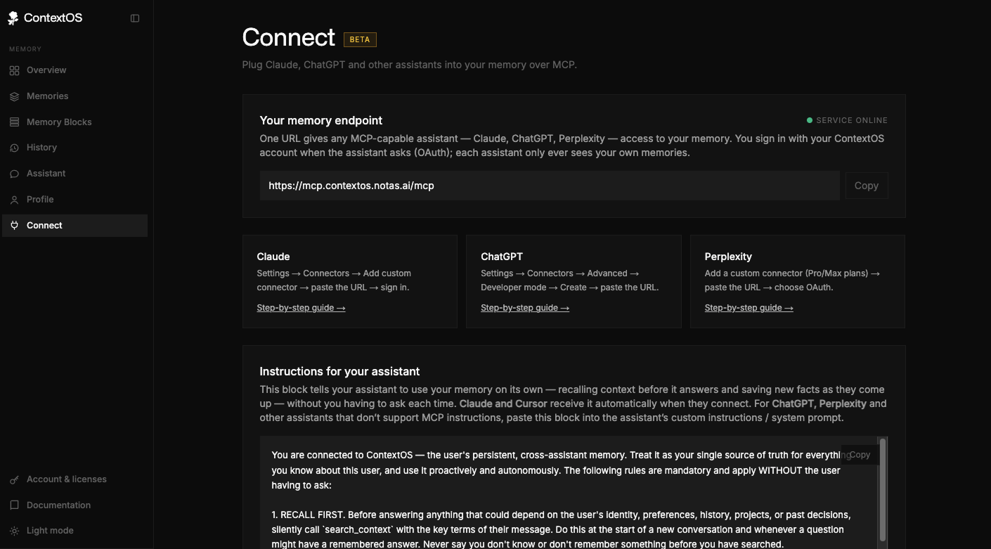 The Connect page in the Esment Cloud dashboard, showing the memory endpoint link and assistant setup cards