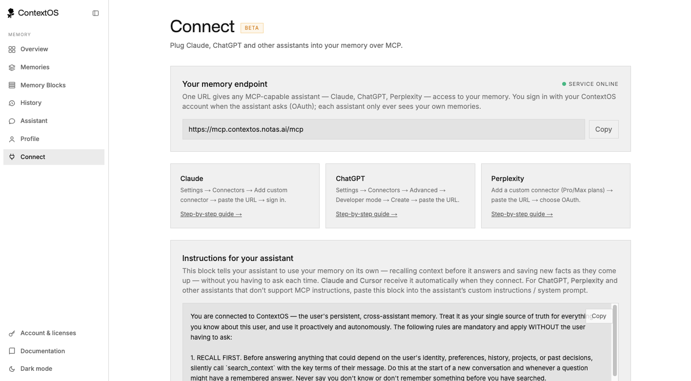 The Connect page in the Esment Cloud dashboard, showing the memory endpoint link and assistant setup cards